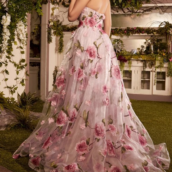 STRAPLESS ORGANZA BALL GOWN WITH FLORAL PRINT AL1035 - Picture 4 of 5